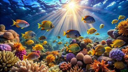 Vibrant Reef Ecosystem Sunlit Underwater Scene Showcasing Diverse Colorful Fish and Coral Formations