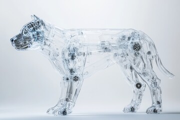 A lifelike dog figure made of transparent robotic material showcases intricate details, serving as a creative concept for technological innovation