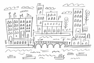 Fototapeta premium A Whimsical Hand-Drawn Cityscape by the River