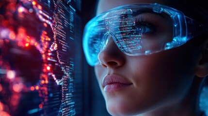 In a high-tech genetic engineering lab, a researcher analyzes intricate data displayed on a screen while wearing advanced protective eyewear