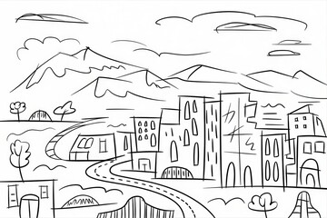 Obraz premium Sketchy Cityscape at the Foot of Mountains: A Hand-Drawn Illustration