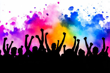 Vibrant Watercolor Stadium Scene - Colorful watercolor background, silhouettes of a cheering crowd, expressing joy, unity, and celebration. Symbolizes: energy, community, festivity, excitement