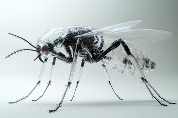 A detailed, transparent robotic mosquito displays its complex inner workings, ideal for concepts in robotics and bioengineering