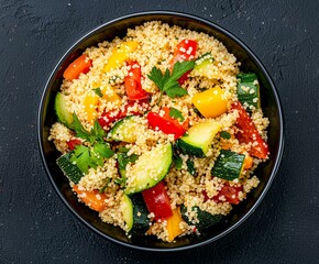 Warm Couscous Dish Mixed with Sautéed Vegetables, Captured from Above