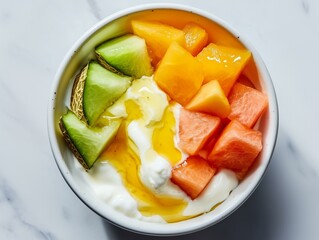 White Bowl of Yellow Yogurt Garnished with Fresh Melon Pieces and Honey