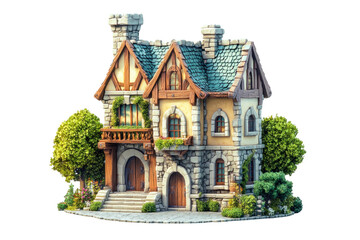 Charming two-story fantasy-style building featuring intricate stonework, wooden accents, and lush greenery surrounding its entrance