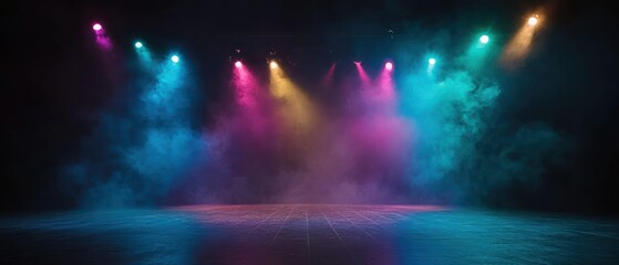 Fototapeta premium Colorful stage lights illuminate a smoky performance area