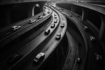 Cars navigate through a winding concrete labyrinth beside a meandering river in a busy urban landscape during overcast weather