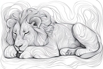 The artwork features a detailed abstract representation of a lion lying down, exuding tranquility through flowing lines and patterns