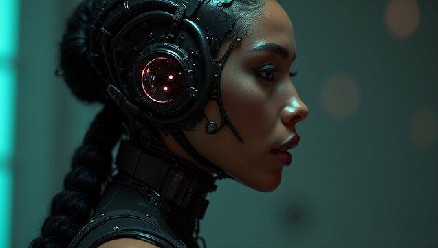  mysterious female cyborg embodies real human face  silhouette and physique adaptable traditional elements sleek futuristic cybernetic jewelry