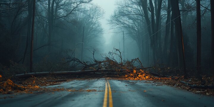 Storm damage blocks road, trees down, foggy forest