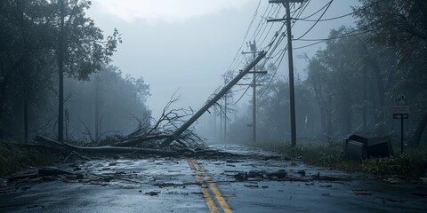 Storm damage road blocked, trees down, power lines. Post-hurricane scene