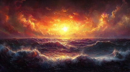 Fototapeta premium A dramatic sunset over turbulent ocean waves, showcasing nature's beauty.