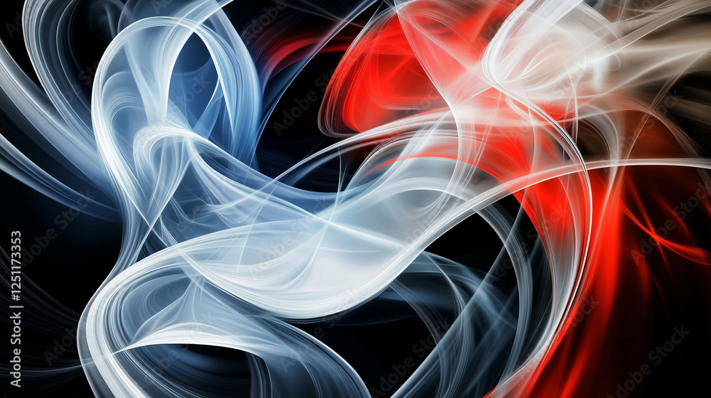 Poster dynamic abstract background with flowing smoke and elegant curved lines in red, white, and blue on a