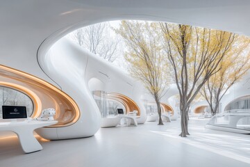 Fototapeta premium A high-tech futuristic computer center with holographic monitors, robotic assistants, and AI-powered workstations