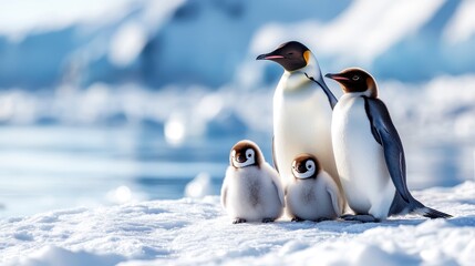 Obraz premium A captivating portrait of a delightful family of emperor penguins on a snowy backdrop, showcasing the beauty of wildlife and the bond of family in the wild.