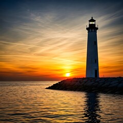  A lone lighthouse standing against a breathtaking sunset over the ocean, AI Generated