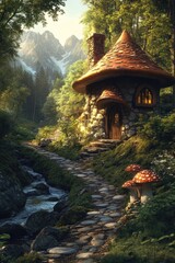 Obraz premium A lovely mushroom cottage nestled in a lush forest, with a winding path leading to a serene stream under a clear blue sky