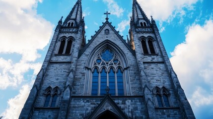 Fototapeta premium Majestic Stone Church Under Blue Sky - A stunning low-angle view of a grey stone church against a vibrant blue sky, showcasing its intricate architectural details.