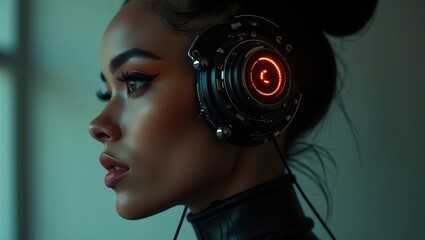  mysterious female cyborg embodies real human face  silhouette and physique adaptable traditional elements sleek futuristic cybernetic jewelry