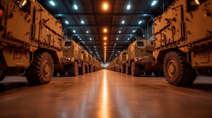 An organized line of advanced military vehicles in a modern facility illustrates the technological evolution in defense strategies and showcases readiness for various missions.