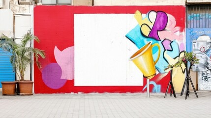 A colorful mural with a blank space for future artwork or advertisement.