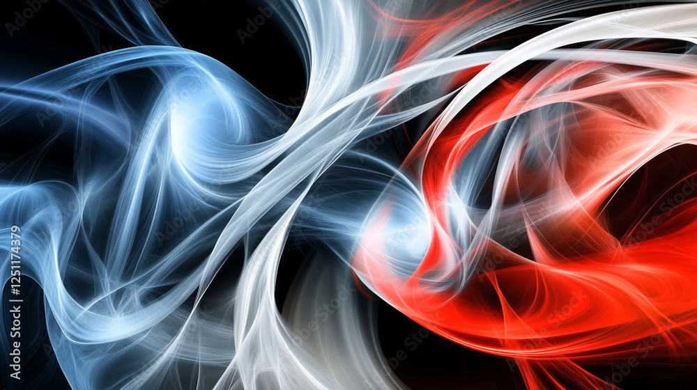 Poster dynamic abstract background with flowing smoke and elegant curved lines in red, white, and blue on a