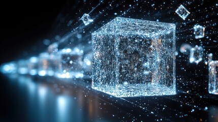Fototapeta premium Data cube flies through digital space; network background