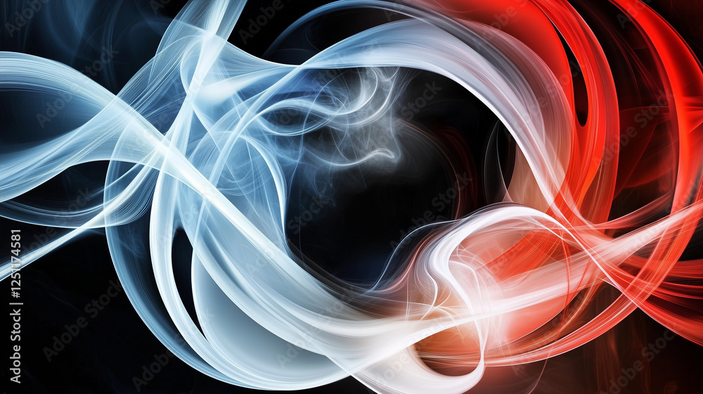 Poster dynamic abstract background with flowing smoke and elegant curved lines in red, white, and blue on a
