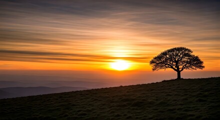 A lone tree on a hilltop, silhouetted against a mesmerizing sunset, Ai Generated