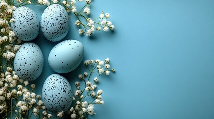 Obraz premium Easter motif display An overhead image of slate grey eggs and soft gypsophila all set against a serene baby blue surface with ample space for text.