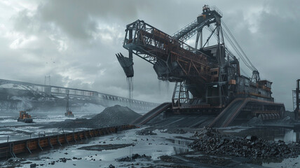 A massive bucket-wheel excavator carves deep into a coal seam, depositing black sediment onto an extended conveyor system under cloudy skies.