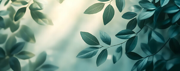 Sunlit green leaves, bokeh background, nature banner