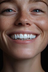 A woman with a joyful expression showcases her bright smile and flawless white teeth while standing against a dark background