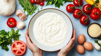 Creamy Yogurt Sauce Preparation - Hands hold a bowl of creamy yogurt sauce, surrounded by fresh ingredients like tomatoes, herbs, and eggs.  Perfect for cooking.