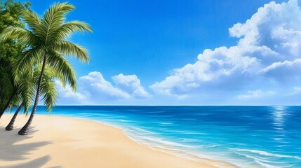 Tropical Beach Paradise - Serene beach scene with palm trees, turquoise water, and fluffy clouds. Perfect for travel or vacation themes.