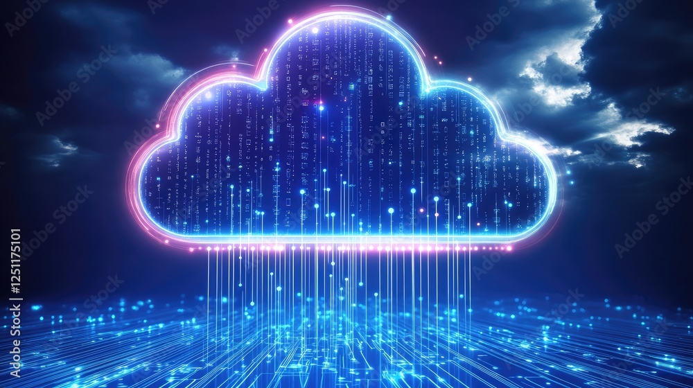 Poster data lakes and cloud processing with futuristic glowing data streams.