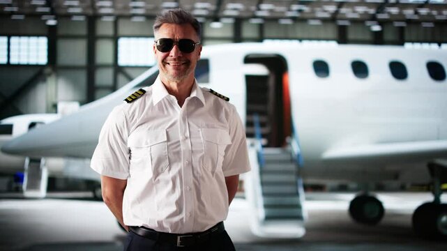 Private Jet Captain Pilot In Uniform. Small Airplane