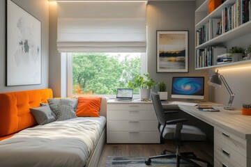A student room showcases a cozy bed with orange accents, a well-organized workspace, and natural light from a large window with greenery outside