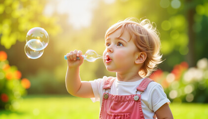 Toddler blowing bubbles in a sunny garden, innocent joy