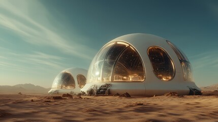 Two futuristic dome structures gleaming under the sun, set against a desert backdrop, representing human ingenuity and the quest for habitation on other planets.