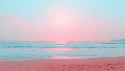 Obraz premium Serene pastel sunset over calm ocean waves lapping a pink sandy beach; idyllic summer vacation scene.