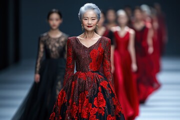 Models of all ages grace the runway in stunning evening gowns with intricate designs and bold colors at a fashion event