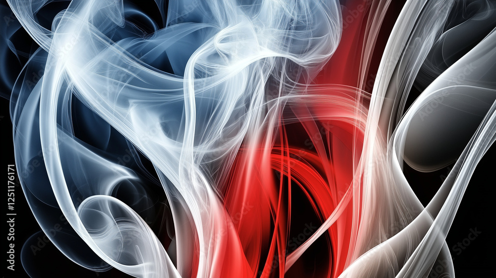 Poster dynamic abstract background with flowing smoke and elegant curved lines in red, white, and blue on a
