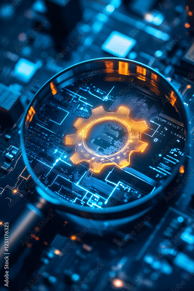 Poster a magnifying glass focusing on a digital gear symbol over a circuit board, representing the concept 