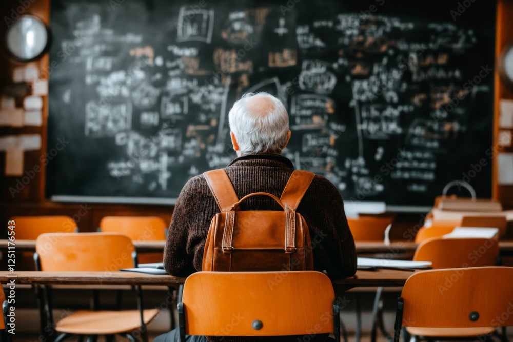 Poster A math classroom with a blackboard full of complex equations and a teacher explaining a formula