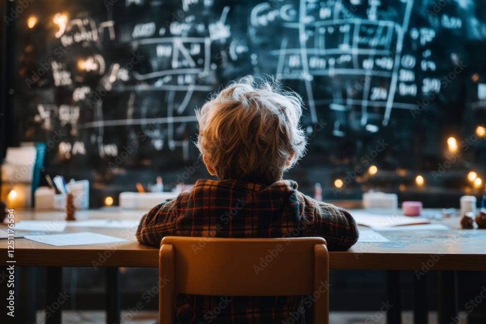 Poster A math classroom with a blackboard full of complex equations and a teacher explaining a formula