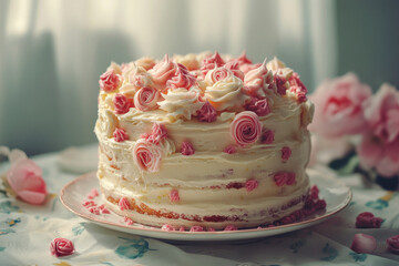 Cake adorned with pink roses.