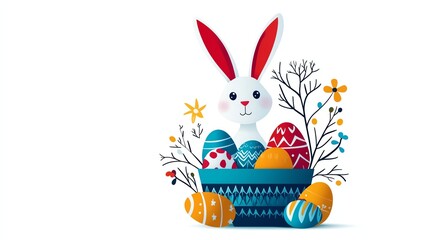 a cute bunny sitting inside an Easter basket with eggs, flat vector design, bright and playful, isolated on white background