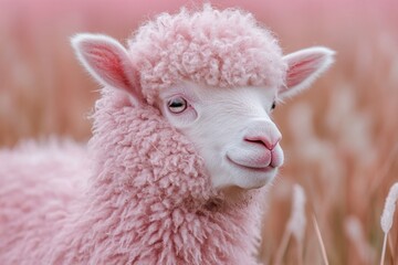 A pink alpaca stands gracefully in a vibrant field, showcasing its unique color and adorable...